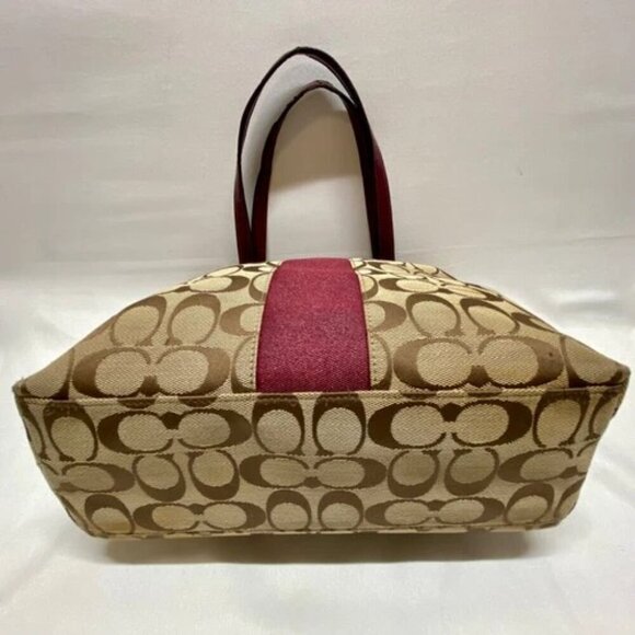 Coach Signature Stripe Shoulder Bag F28504 Patent Leather Trim Tan Raspberry GUC - Picture 6 of 16